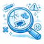 a magnifying glass looking for flaws in clip art style in a light blue color scheme